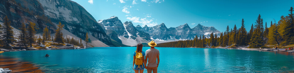 a couple of men and woman by the lake in the mountains of Canada - obrazy, fototapety, plakaty