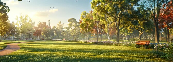 Public park with grass and trees on a spring or summer afternoon - obrazy, fototapety, plakaty
