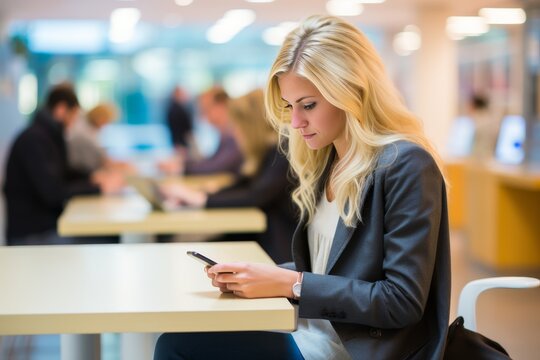 A young woman is sitting at a table in a cafe, looking at her smartphone. She is wearing a black suit and has long blond hair. The image is taken from a side angle, and the background is blurred.