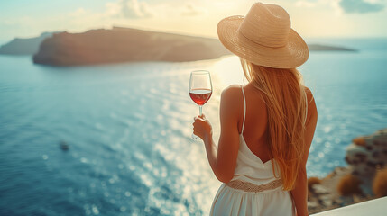 woman with a hat drinking red wine and enjoying the view of the Mediterranean Sea in Oia, Santorini, Greece. Honeymoon high-end travel holiday