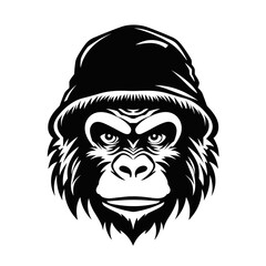 Monkey stylish rapper wearing panama black and white vector illustration isolated transparent background logo, cut out or cutout t-shirt print design