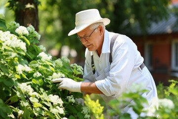 An elderly man in a straw hat and gloves carefully tends to white hydrangeas in full bloom, creating a serene garden. The vibrant blooms reflect his meticulous care, enhancing the outdoor space.