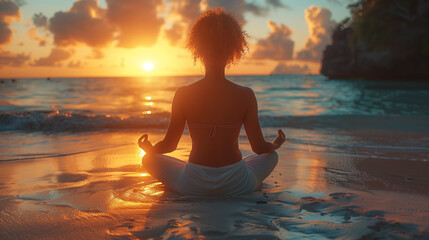 black woman practicing yoga on the beach at sunset, a female yoga teacher by the ocean in a lotus position - obrazy, fototapety, plakaty