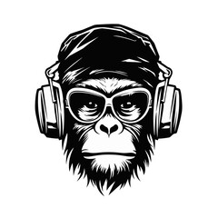 Monkey with earphones stylish rapper black and white vector illustration isolated transparent background logo, cut out or cutout t-shirt print design