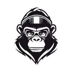 Monkey stylish rapper black and white vector illustration isolated transparent background logo, cut out or cutout t-shirt print design