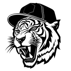 Tiger wearing a cap black and white vector illustration isolated transparent background logo, cut out or cutout t-shirt print design