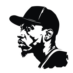 Black man african-american rapper wearing a cap black and white vector illustration isolated transparent background logo, cut out or cutout t-shirt print design