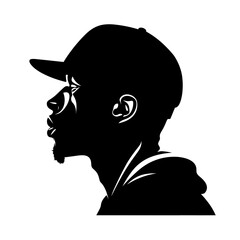 Black man african-american rapper wearing a cap black and white vector illustration isolated transparent background logo, cut out or cutout t-shirt print design - obrazy, fototapety, plakaty