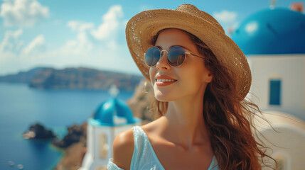 Europe Greece Santorini travel vacation woman on famous Santorini Oia island travel destination. Happy young tourist female in a hat and sunglasses relaxing at blue dome church. Summer wanderlust