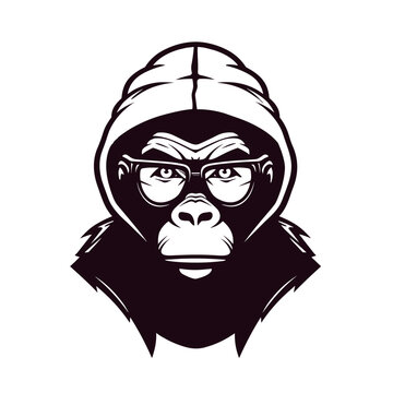 Monkey wearing a hood and sunglasses stylish rapper black and white vector illustration isolated transparent background logo, cut out or cutout t-shirt print design