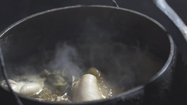 Cooking Indonesia Indonesian Traditional Food Culinary in Yogyakarta Java - Dazed catfish Mangut Lele , Chicken , Intestines , Lungs in a Kitchen