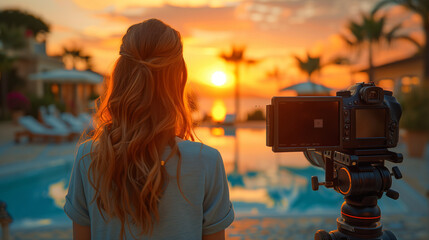 Rear view Video camera filming a woman acting for a social media movie in a luxury hotel, behind the scenes of a shoot. videography equipment shooting outdoors at sunset, influencer, blogger