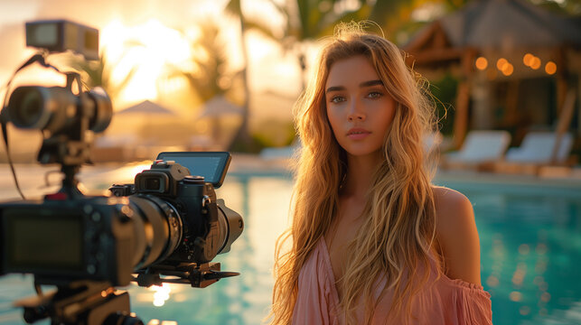 Video camera filming a woman acting for a social media movie in a luxury hotel location by a pool behind the scenes of a shoot. videography equipment shooting outdoors at sunset, influencer, blogger