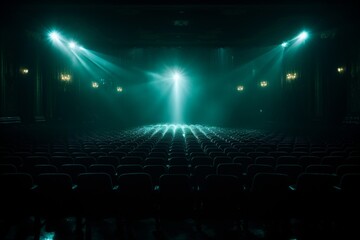 Empty theater auditorium with rows of plush red seats under a soft glow of a turquoise spotlight,...