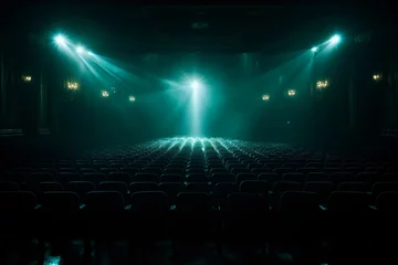Foto op Canvas Empty theater auditorium with rows of plush red seats under a soft glow of a turquoise spotlight, creating an atmosphere of anticipation and excitement for the upcoming performance on stage. © katrin888