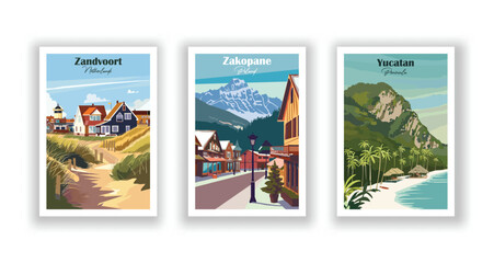 Vintage Travel Posters Trio: Zakopane, Yucatan, Zandvoort. Vector Art Prints for Stylish Decor. High-Quality Artwork Celebrating Famous Destinations. Ideal for Hikers, Campers, and Chic Living Spaces