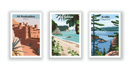 Fototapeta na wymiar Abel Tasman, New Zealand. Acadia, National Park. Aït Benhaddou, Morocco - Set of 3 Vintage Travel Posters. Vector illustration. High Quality Prints
