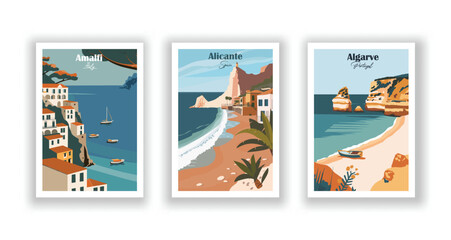 Algarve, Portugal. Alicante, Spain. Amalfi, Italy - Set of 3 Vintage Travel Posters. Vector illustration. High Quality Prints