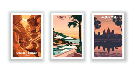 Obraz premium Angkor Wat, Cambodia. Antalya, Turkey. Antelope Canyon, Arizona - Set of 3 Vintage Travel Posters. Vector illustration. High Quality Prints