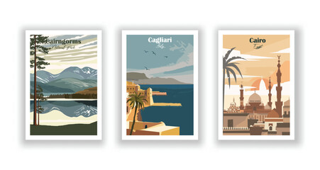 Cagliari, Italy. Cairngorms, National Park. Cairo, Egypt - Set of 3 Vintage Travel Posters. Vector illustration. High Quality Prints
