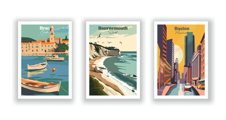 Boston, Massachusetts. Bournemouth, Dorset. Brac, Croatia - Set of 3 Vintage Travel Posters. Vector illustration. High Quality Prints - obrazy, fototapety, plakaty