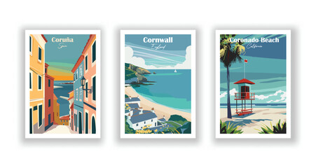 Cornwall, England. Coronado Beach, California. Coruña, Spain - Set of 3 Vintage Travel Posters. Vector illustration. High Quality Prints