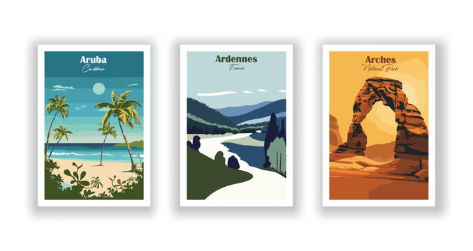 Arches, National Park. Ardennes, France. Aruba, Caribbean - Set of 3 Vintage Travel Posters. Vector illustration. High Quality Prints