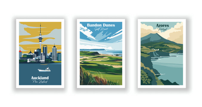 Auckland, New Zealand. Azores, Portugal. Bandon Dunes ,Golf Resort - Set of 3 Vintage Travel Posters. Vector illustration. High Quality Prints