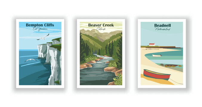 Beadnell, Northumberland. Beaver Creek, Colorado. Bempton Cliffs, East Yorkshire - Set of 3 Vintage Travel Posters. Vector illustration. High Quality Prints