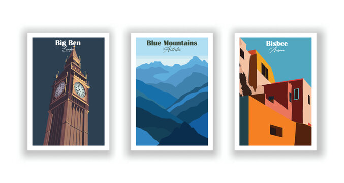 Big Ben, London. Bisbee, Arizona. Blue Mountains, Australia - Set of 3 Vintage Travel Posters. Vector illustration. High Quality Prints