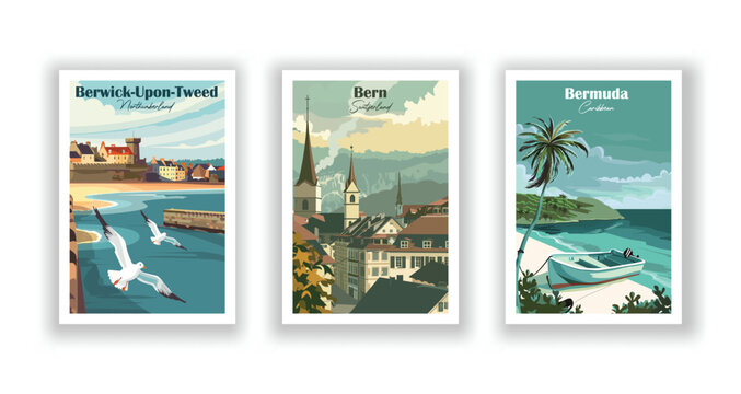 Bermuda, Caribbean. Bern, Switzerland. Berwick-Upon-Tweed, Northumberland - Set of 3 Vintage Travel Posters. Vector illustration. High Quality Prints