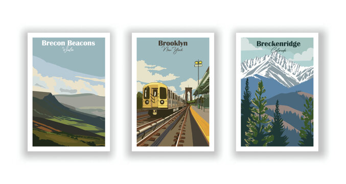 Breckenridge, Colorado. Brecon Beacons, Wales. Brooklyn, New York - Set of 3 Vintage Travel Posters. Vector illustration. High Quality Prints
