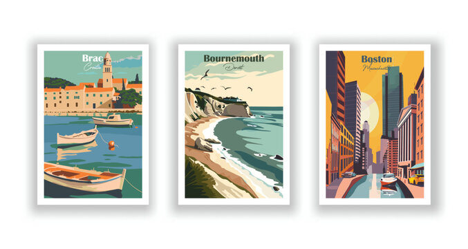 Boston, Massachusetts. Bournemouth, Dorset. Brac, Croatia - Set of 3 Vintage Travel Posters. Vector illustration. High Quality Prints
