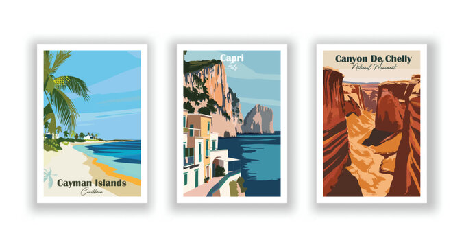 Canyon De Chelly, National Monument. Capri, Italy. Cayman Islands, Caribbean - Set of 3 Vintage Travel Posters. Vector illustration. High Quality Prints