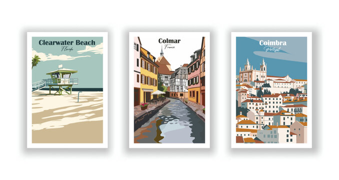 Clearwater Beach, Florida. Coimbra, Portugal. Colmar, France - Set of 3 Vintage Travel Posters. Vector illustration. High Quality Prints
