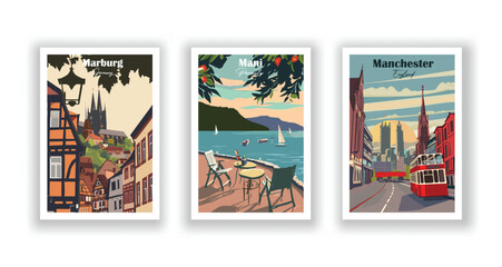 Manchester, England. Mani, Peninsula. Marburg, Germany - Set of 3 Vintage Travel Posters. Vector illustration. High Quality Prints