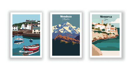 Mendoza, Argentina. Menorca, Spain. Mevagissey, Cornwall - Set of 3 Vintage Travel Posters. Vector illustration. High Quality Prints