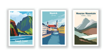  - Set of 3 Vintage Travel Posters. Vector illustration. High Quality Prints