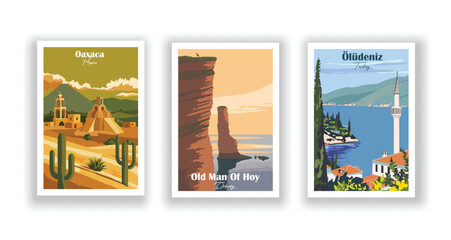 Oaxaca, Mexico. Old Man Of Hoy, Orkney. &Ouml;l&uuml;deniz, Turkey - Set of 3 Vintage Travel Posters. Vector illustration. High Quality Prints