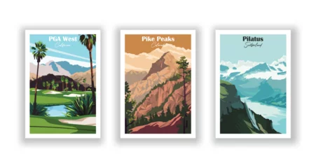 Foto op Canvas PGA West, California. Pike Peaks, Colorado. Pilatus, Switzerland - Set of 3 Vintage Travel Posters. Vector illustration. High Quality Prints © ImageDesigner