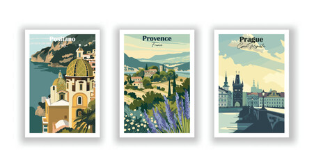Positano, Italy. Prague, Czech Republic. Provence, France - Set of 3 Vintage Travel Posters. Vector illustration. High Quality Prints. 