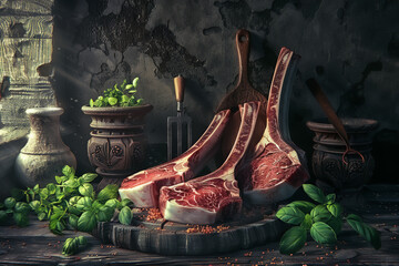 3D still life of raw lamb chops with rustic culinary tools surrounded by lush green basil and thyme...