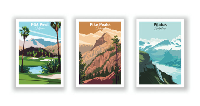 PGA West, California. Pike Peaks, Colorado. Pilatus, Switzerland - Set of 3 Vintage Travel Posters. Vector illustration. High Quality Prints