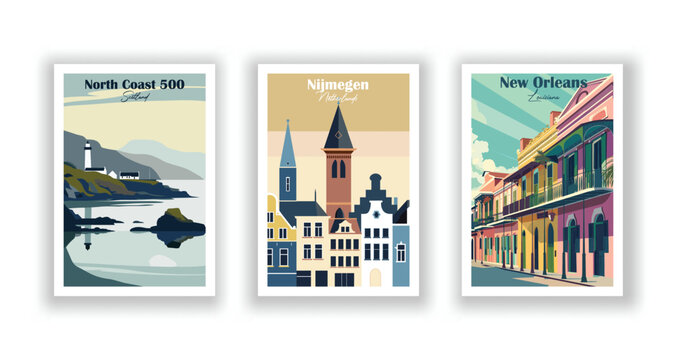 New Orleans, Louisiana. Nijmegen, Netherlands. North Coast 500, Scotland - Set of 3 Vintage Travel Posters. Vector illustration. High Quality Prints