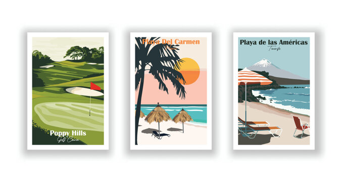 Playa de las Américas, Tenerife. Playa Del Carmen, Mexico. Poppy Hills Golf Course - Set of 3 Vintage Travel Posters. Vector illustration. High Quality Prints