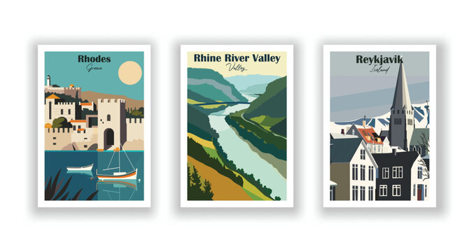 Reykjavik, Iceland. Rhine River Valley. Rhodes, Greece - Set of 3 Vintage Travel Posters. Vector illustration. High Quality Prints