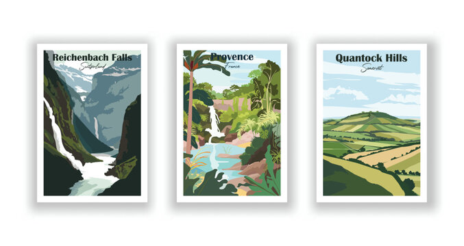 Quantock Hills, Somerset. Rainbow Springs, State Park. Reichenbach Falls, Switzerland - Set of 3 Vintage Travel Posters. Vector illustration. High Quality Prints