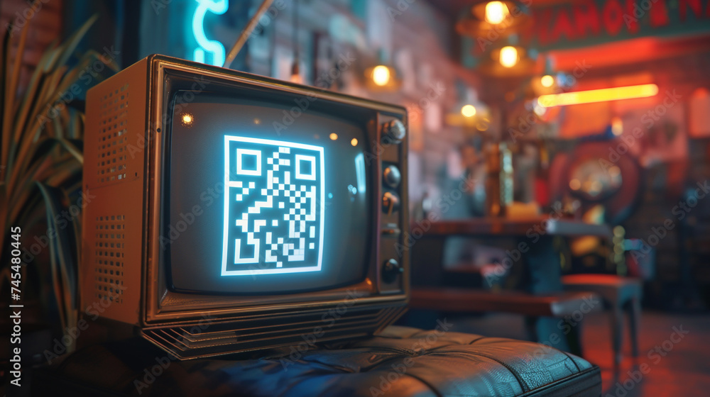 Wall mural close up of a classic television screen with glowing qr code vintage broadcast equipment in the fore