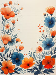 animated style drawing of a sheet of lined paper edged by stylized orange and blue flowers playful and colorful perfect for a greeting card