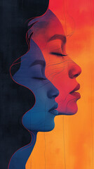 artistic illustration of abstract profiles with bold color blocks resembling a modern art piece each silhouette outlined against a gradient coral background